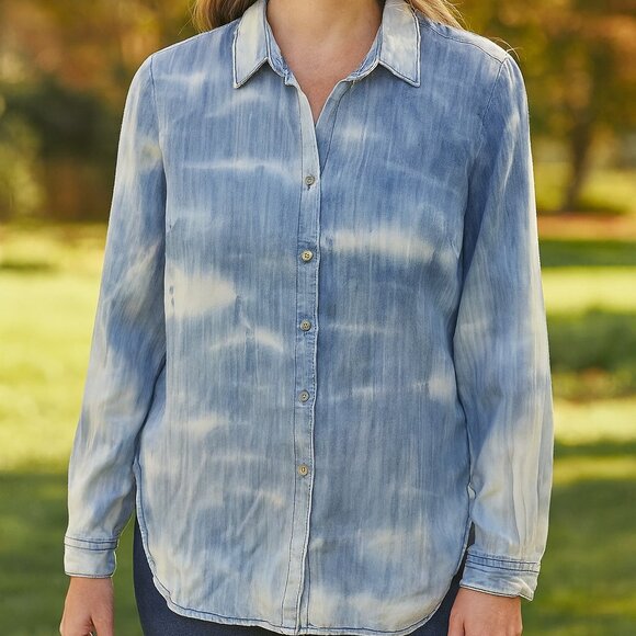 Angie Button Down Shirt-Medium-Blue Tie Dye Long Sleeve 100%Lyocell Women’s-A028 - Picture 1 of 6